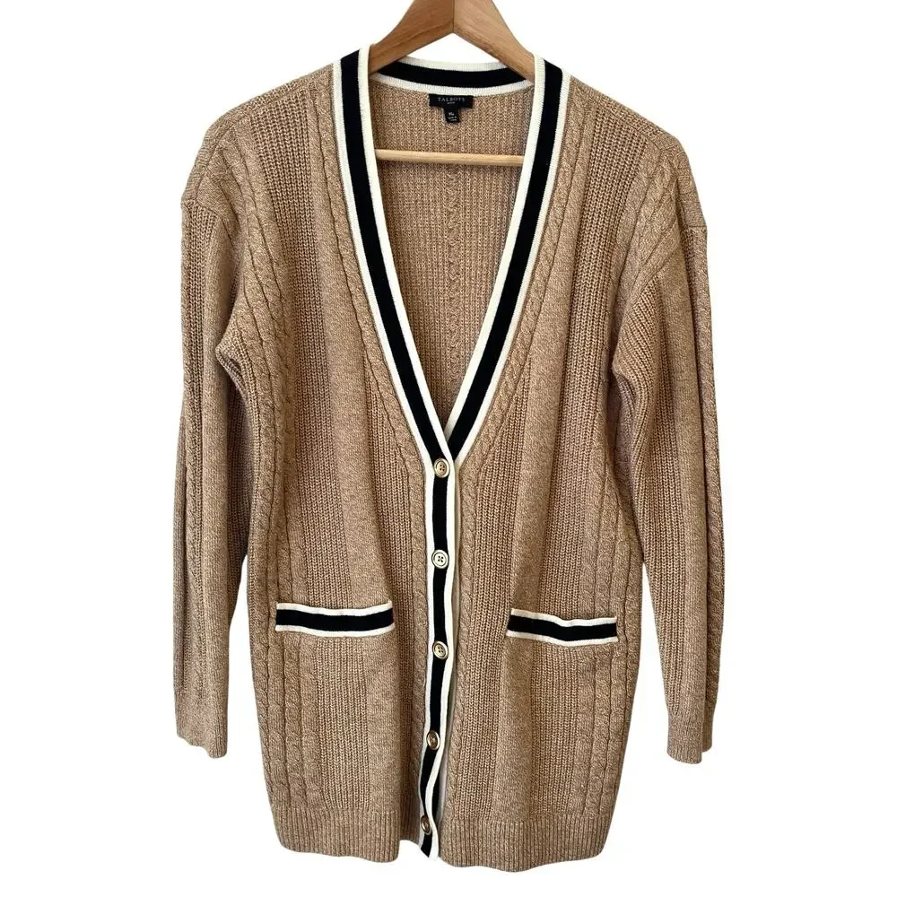 Talbots Cable Knit Cardigan‎ Old Money Womens MP Long Preppy Academia Cotton Tan